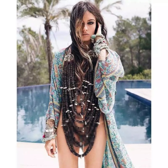 Boho Turquoise Floral Kimono Duster Long Robe - Picture 6 of 9